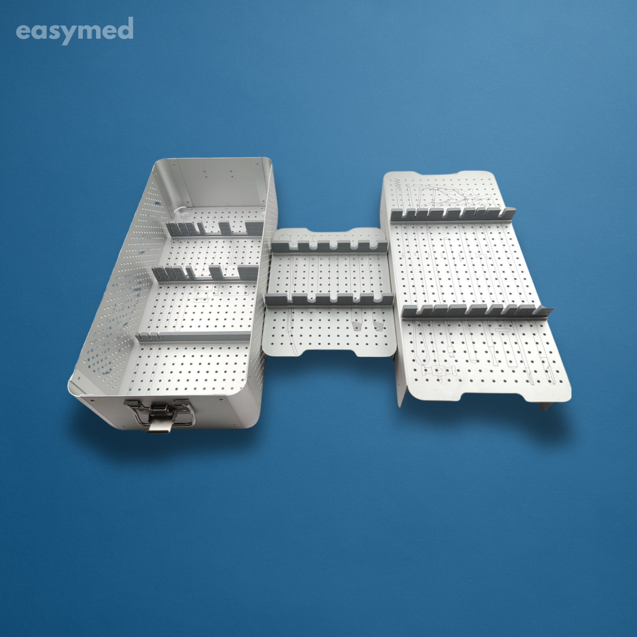 Charola de esterilización para instrumental laparoscópico 525 × 250 × 200 mm, acero inoxidable